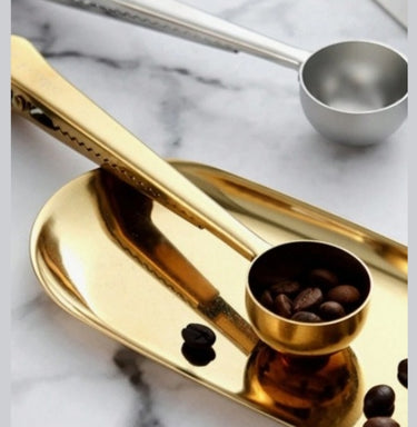 2-in-1 Stainless Steel Coffee Spoon with Bag Clip – Gold, Black, Silver, Ideal for Coffee, Tea, and Protein Powder